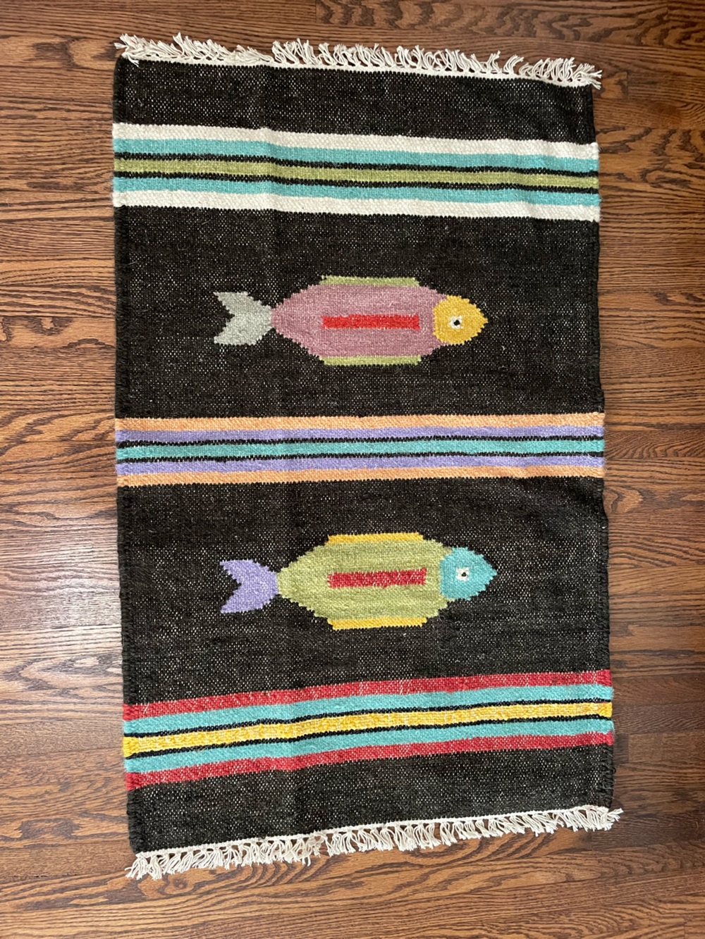 Woven 2x3 Fish Motifs Accent Kilim Rug Black Multicolor Striped with Fringe